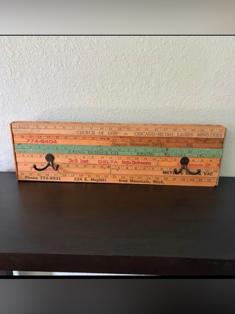 Vintage Ruler Wall Hook Rack in Orange and Green